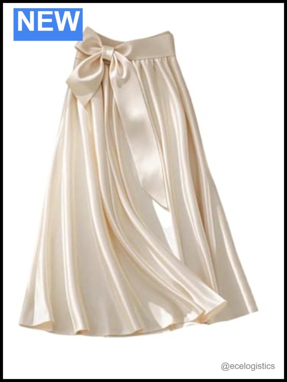 Satin Midi Skirt High Waist Ruffle Bow Knot A-Line Flared